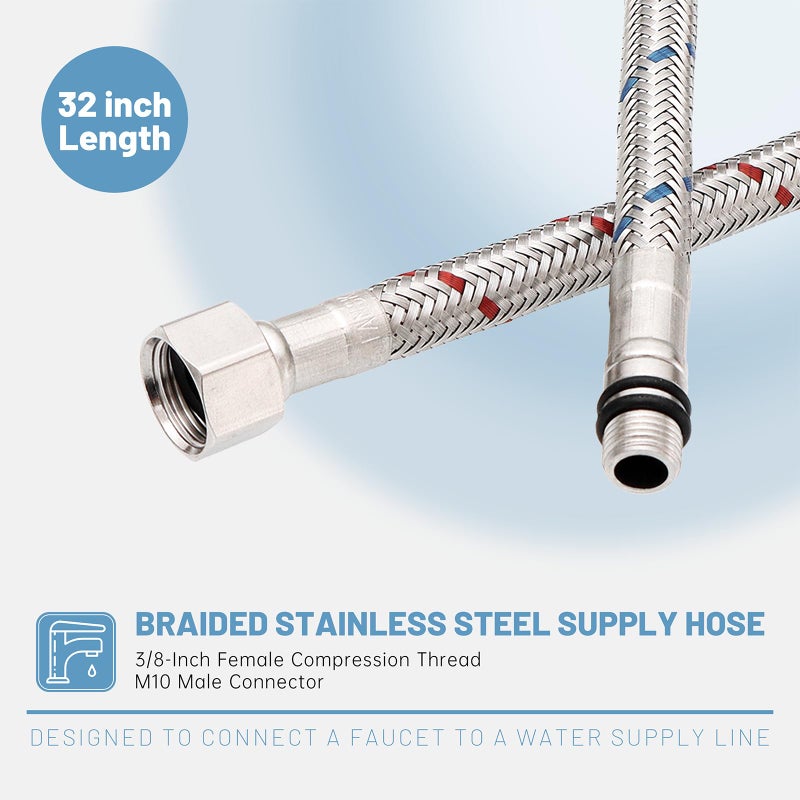 BWE 32-Inch Long Bathroom Kitchen Faucet Connector, Braided Stainless Steel Supply Hose 3/8-Inch Female Compression Thread x M10 Male Connector, x 2 Pcs (1 Pair) - Image 4
